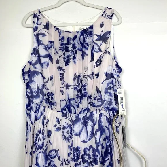 NWT Eliza J Pleated Floral Sleeveless Chiffon Belted Maxi Dress Cobalt Blue 18 - Picture 6 of 11